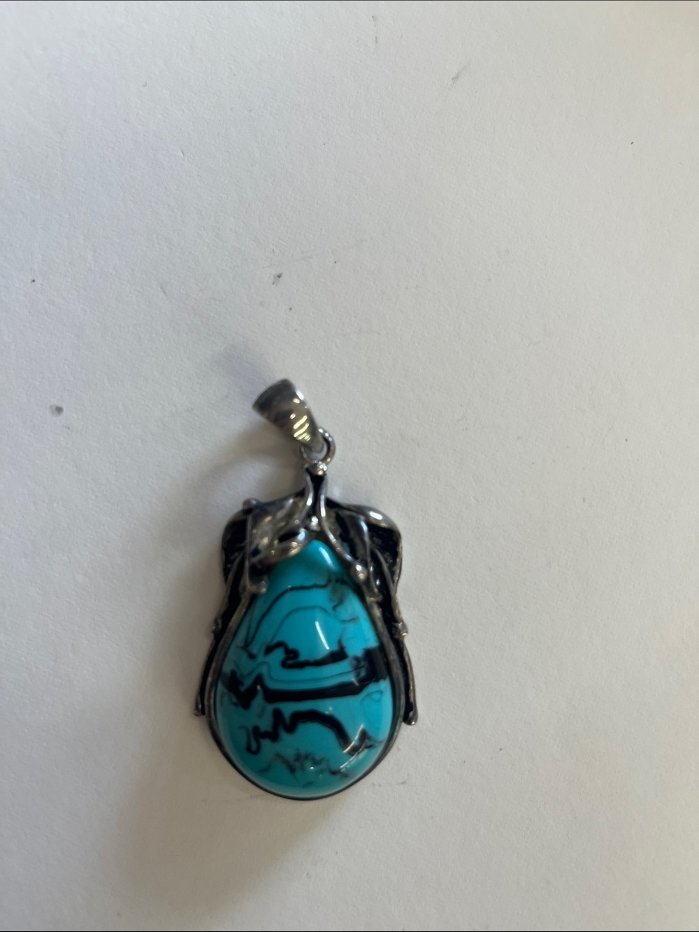 Silver Teardrop Turquoise Pendant - Blue Stone Necklace